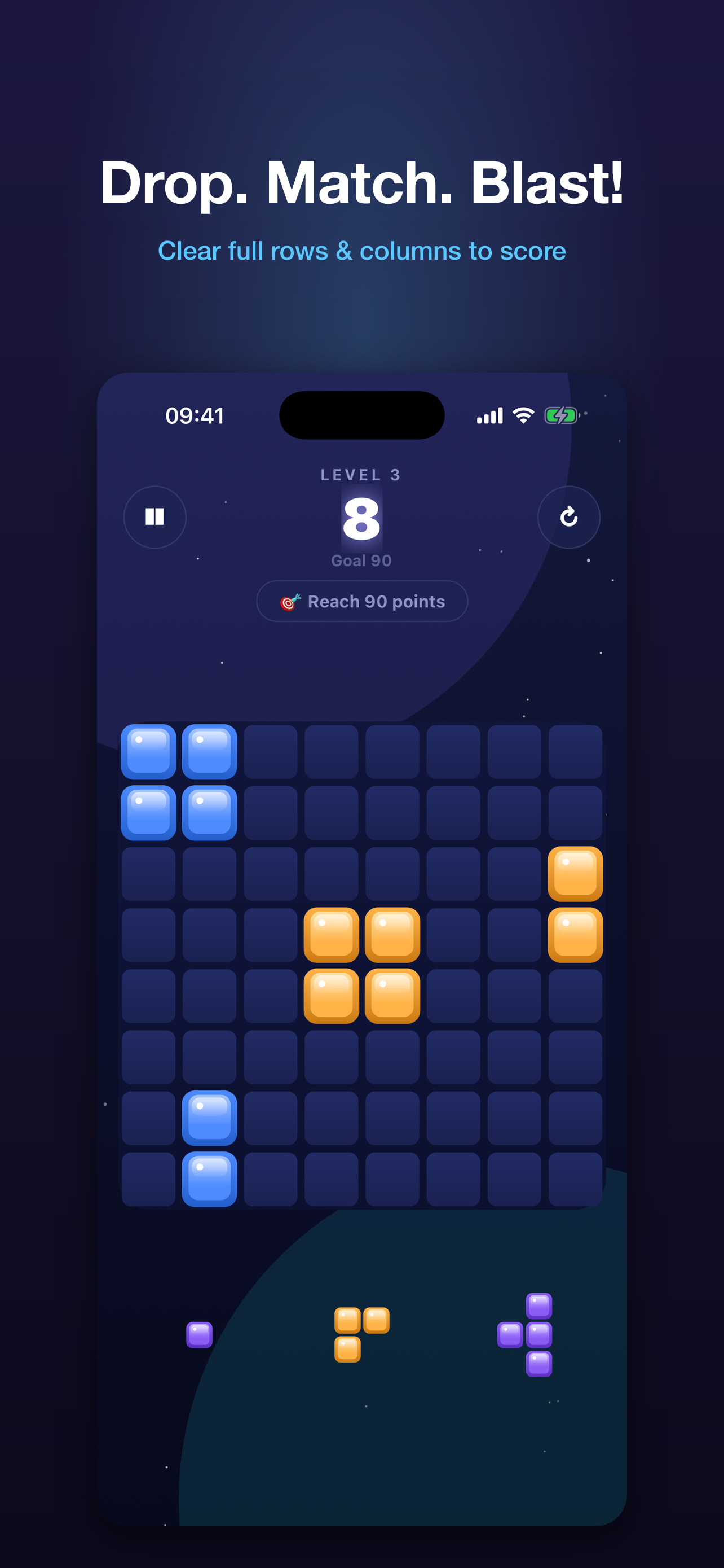 Prism Blocks gameplay: dragging a gem block onto the 8×8 board