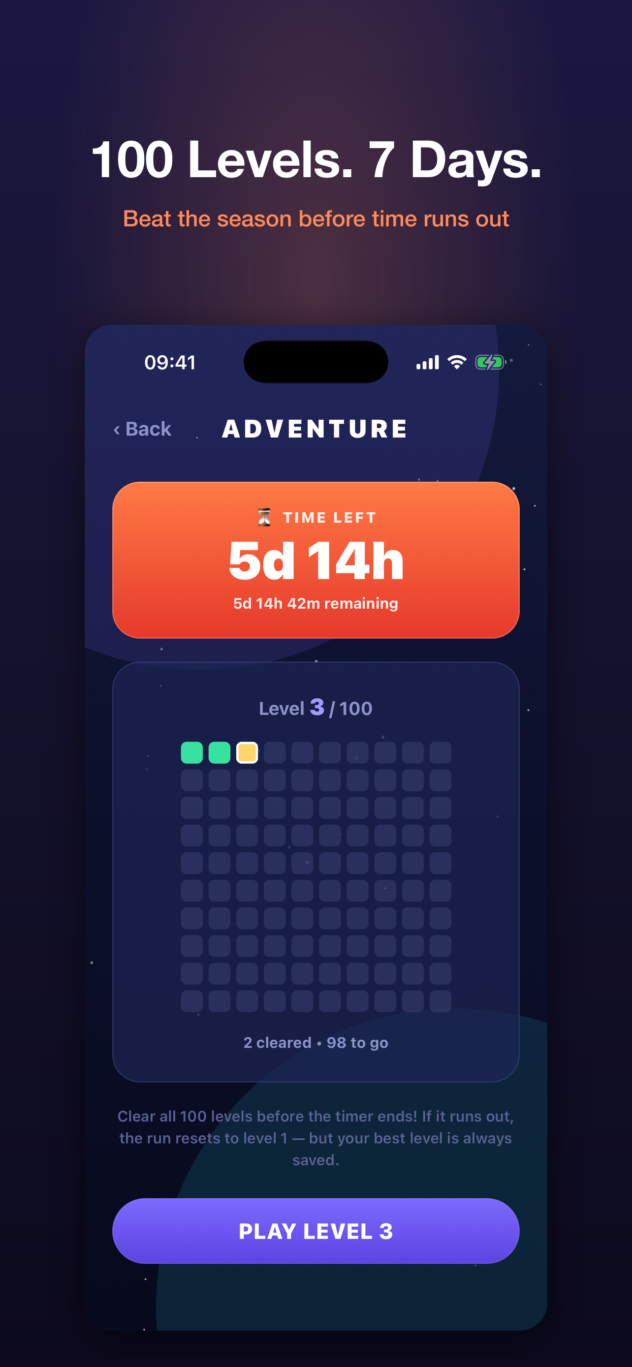 Adventure mode: 100 levels with a seven-day countdown