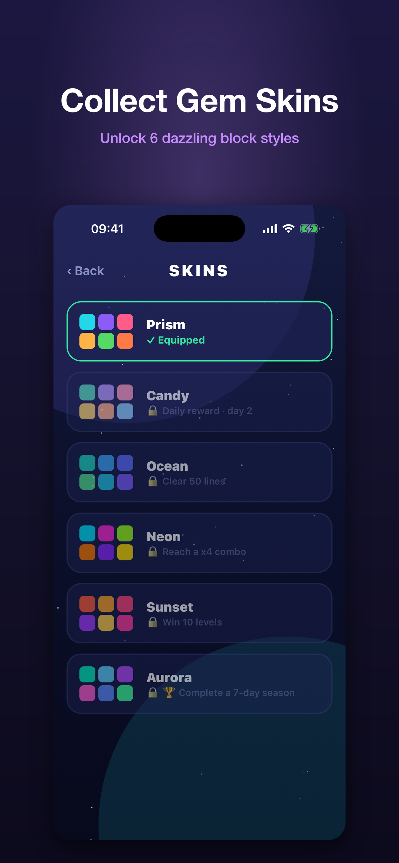 Collectible gem skins screen